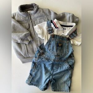 3 items: Shortalls, onesie & faux shearling jacket